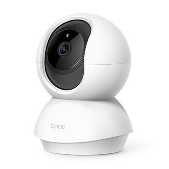 TP-Link Tapo C210: White pan and tilt home security Wi-Fi camera with 2K resolution, providing 360° coverage and clear night vision.