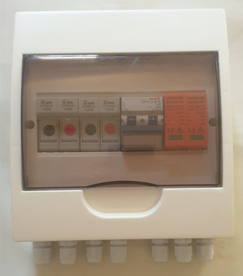 Acconet 250V Protection Box with 2 inputs, 1 output, 50A isolator, and 10A fuses. Protects solar installations from power surges.