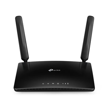 TP-Link MR150 4G LTE router with antennas, providing wireless internet access for multiple devices via SIM card.