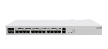 MikroTik CCR2116-12G-4S+ router with 12 Gigabit Ethernet ports and 4 SFP+ ports in a rackmount case. High-performance 16-core CPU.