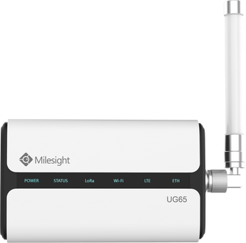 Milesight UG65 Industrial LoRaWAN Gateway, EU868 model. An 8-channel gateway for indoor smart applications, featuring a robust design.