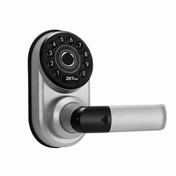 ZKTeco ML300 smart lock, right-hand configuration, with fingerprint scanner and app control. Silver finish, indoor use.