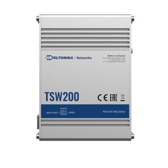 Teltonika TSW200: 8-Port Gigabit PoE+ Ethernet switch with 2 SFP ports, unmanaged industrial network solution.