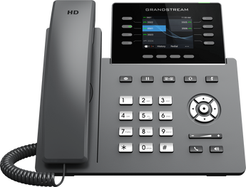 Grandstream GRP2624 desk phone featuring a color LCD, multiple line keys, Wi-Fi, Bluetooth, and Gigabit Ethernet ports. Ideal for office communication.
