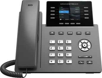 Grandstream GRP2624 desk phone featuring a color LCD, multiple line keys, Wi-Fi, Bluetooth, and Gigabit Ethernet ports. Ideal for office communication.