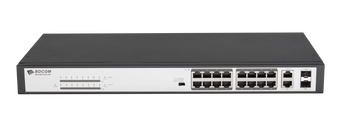 BDCOM-PS1218-16P: 16-Port 10/100 POE switch with 16 POE ports and 2 x 1000Mbps Combo ports for network and power connectivity.