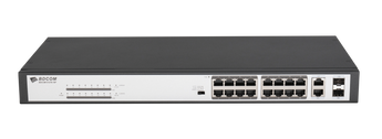 BDCOM-PS1218-16P: 16-Port 10/100 POE switch with 16 POE ports and 2 x 1000Mbps Combo ports for network and power connectivity.