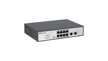 BDCOM PS1510-8P unmanaged switch with 8 gigabit PoE ports and 2 GE TX ports, providing 120W power for network devices.