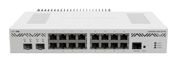 MikroTik CCR2004-16G-2S+PC: 16 port gigabit router with 2x 10G SFP+ cages and passive cooling. Front RJ-45 console port.