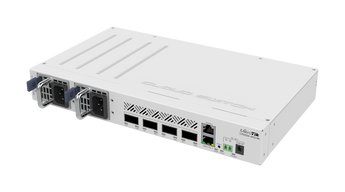 MikroTik CRS504-4XQ-IN switch with 4x 100G QSFP28 ports and RJ45 serial console port for high-speed networking solutions.