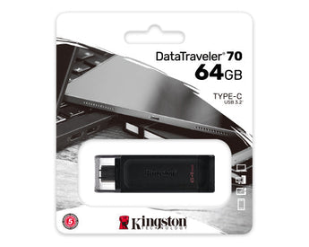 Kingston DataTraveler 70 64GB USB-C flash drive for file storage and transfer.