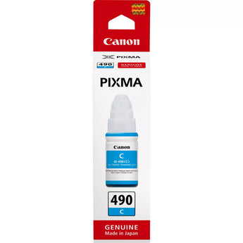 Canon GI-490 cyan ink bottle for PIXMA G series printers (SKU: 0664C001AB). Original Canon ink cartridge.