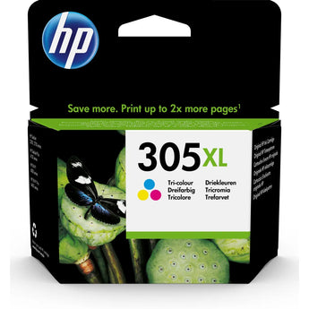 HP 305XL High Yield Tri-Color Original Ink Cartridge (3YM63AE) for HP DeskJet printers. Crisp text and vivid colors.