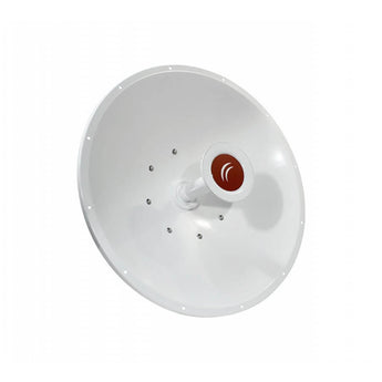 MikroTik mANT30 PA, a 5GHz 30dBi parabolic dish antenna, providing high-gain wireless connectivity. Silver dish with mounting hardware.