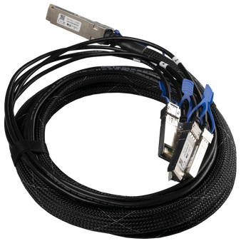 MikroTik QSFP28 to 4xSFP28 breakout cable, 3 meters long, connecting 100G QSFP28 port to four 25G SFP28 ports.