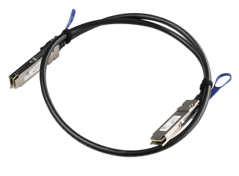 MikroTik QSFP28 100G direct attach cable, 1 meter. A short, thick cable used for high-speed data connections in network devices.