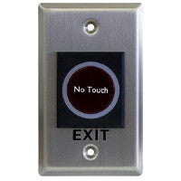 Stainless steel, no-touch access control exit button. Infrared sensor activates door release for hands-free operation, enhancing hygiene and security.