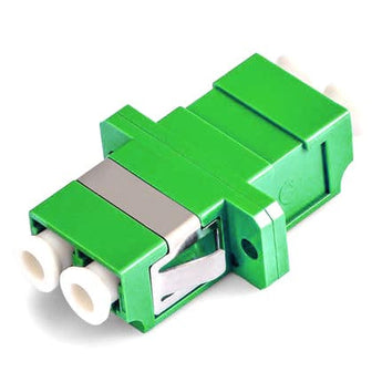 Acconet LC/APC Duplex mid coupler for connecting two LC/APC fiber optic cables, enabling signal transmission.