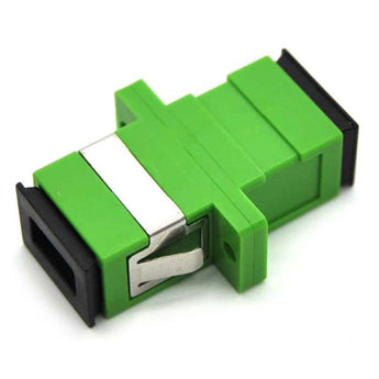 Acconet SC/APC Simplex mid coupler for connecting fiber optic cables, featuring a green APC connector.