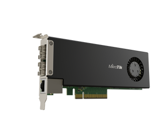 MikroTik CCR2004-1G-2XS-PCIe: A smart PCIe network interface card with 2x 25G SFP28 ports, Gigabit Ethernet, and 4-core CPU for server routing.