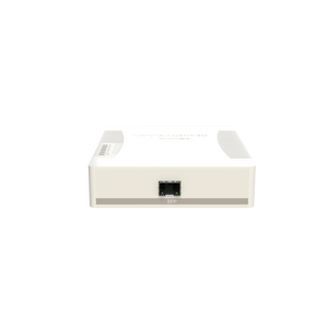 MikroTik RB260GSP: 5-port Gigabit switch with one SFP port and PoE output on ports 2-5. Compact desktop design.
