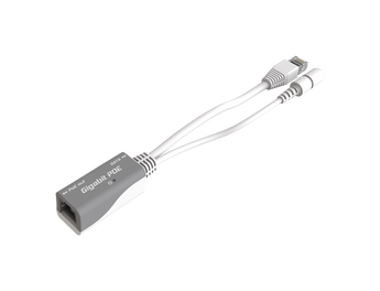 MikroTik MT-RB-GPOE Gigabit PoE injector. Provides power and network connectivity to RouterBOARD devices via Ethernet cable.