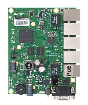 MikroTik RouterBOARD 450Gx4: Compact Ethernet router with five Gigabit LAN ports and a microSD card slot, no enclosure.