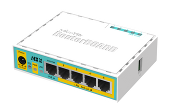 MikroTik hEX PoE Lite desktop router with five 10/100 Ethernet ports, PoE output on ports 2-5, and a USB port.