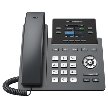 Grandstream GRP2612G 2-line desk phone with dual Gigabit Ethernet ports and PoE support. Ideal for business communication.
