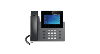 Grandstream GXV3450 IP video phone featuring a 5-inch touch screen, 16 lines, tiltable camera, and Android OS interface.