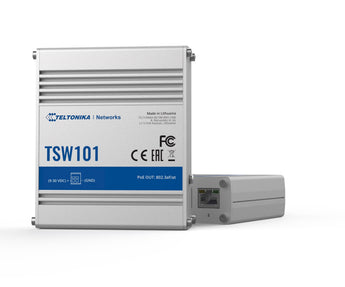 Teltonika TSW101: 5-port Gigabit PoE+ switch for automotive/industrial use. Rugged design, DIN rail mount, wide voltage support.