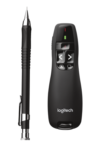 Logitech R400 wireless presenter remote with red laser pointer for seamless slideshow control during meetings.