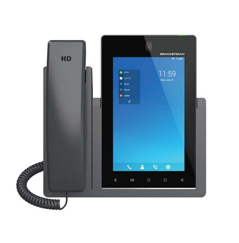 Grandstream GXV3470: a 16-line enterprise video phone with a touchscreen display, camera, and multiple function buttons.