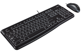 Logitech MK120 wired keyboard and mouse combo in black, providing a reliable and comfortable computing experience.
