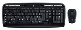Logitech MK330 wireless keyboard and mouse combo with hotkeys for music, volume, and web access.