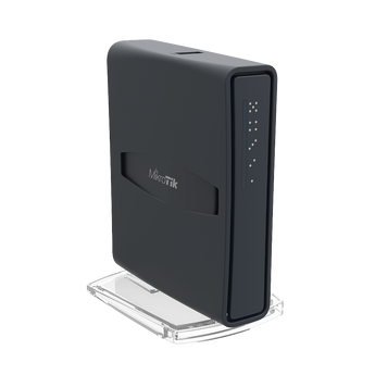 MikroTik hAP ac Lite Tower Router. White tower case, 5 Ethernet ports, dual-band 2.4/5GHz WiFi 5. Compact access point.