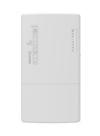 MikroTik PowerBox Pro outdoor router with 5 Gb Ethernet ports, 1 SFP port, and PoE output on 4 ports in a weatherproof case.