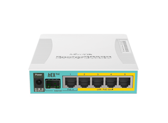 MikroTik hEX PoE desktop router, RB960PGS. Features 5x Gigabit Ethernet ports, 1x SFP port, 1x USB port, and PoE output.