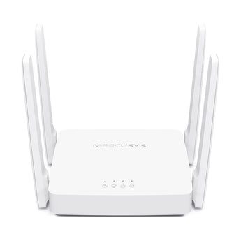 Mercusys AC1200 Dual Band Router with four external antennas providing wireless internet access at home or in the office.