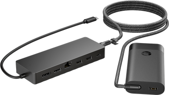 HP Universal USB-C Hub and Laptop Charger Combo with 7 ports for power and data.