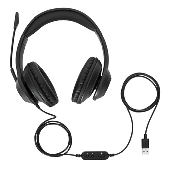 Targus Wired Stereo Headset AEH102GL with noise-canceling microphone, in-line controls, and USB-A wired connection.