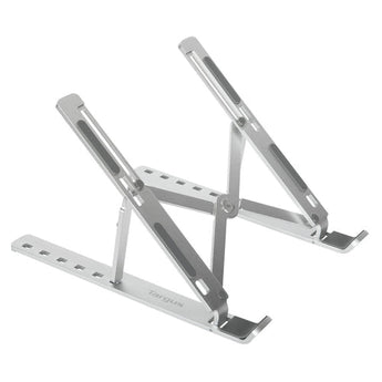 Targus Adjustable Portable Ergostand AWE810GL in brushed nickel finish, supporting a laptop.