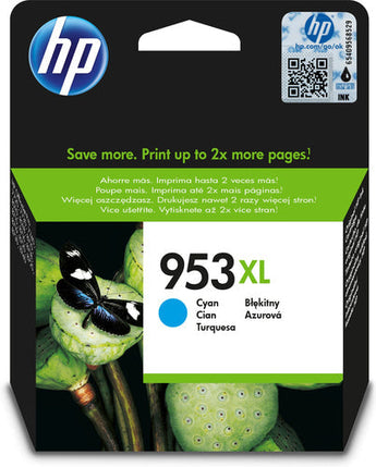 HP 953XL High Yield Cyan Original Ink Cartridge (F6U16AE) for HP OfficeJet Pro printers. Prints approximately 1450 pages.