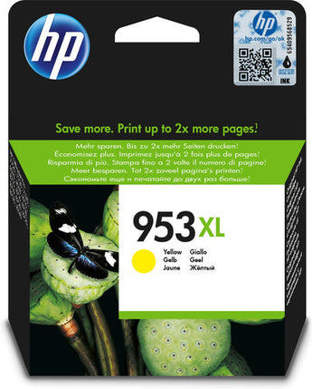 HP 953XL High Yield Yellow Original Ink Cartridge, F6U18AE. Delivers approximately 1600 pages of vibrant yellow prints.