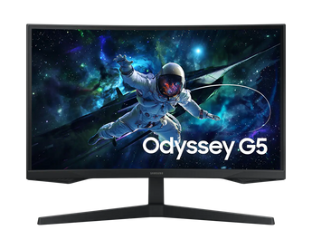 Samsung Odyssey G55C 32-inch curved gaming monitor displaying vibrant QHD resolution gameplay.