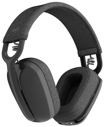 Logitech Zone Vibe 100 Graphite wireless headset showing over-ear design and sleek graphite color.