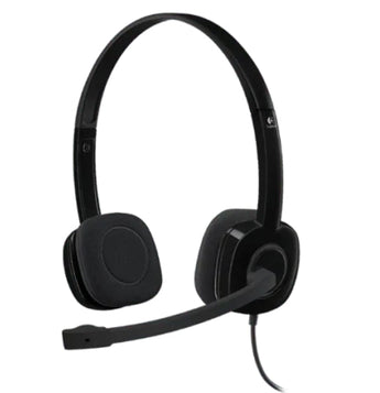 Logitech H151 Stereo Headset with 3.5mm audio jack, rotating noise-canceling microphone, and in-line controls for volume.