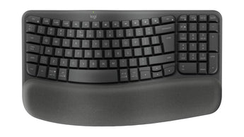 Logitech Wave Keys Graphite wireless ergonomic keyboard with cushioned palm rest, promoting comfortable typing.
