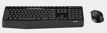 Logitech MK345 wireless keyboard and mouse combo, black, full-size with palm rest.