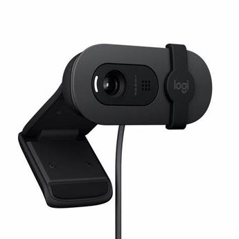 Logitech Brio 100 Webcam in graphite. Full HD 1080p USB webcam with built-in mic and privacy shutter.